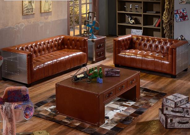 Vintage Aviation Tufted sofa Button Rustic wine red Leather Sofa With Right Arm Lounge Chaise - Image 5