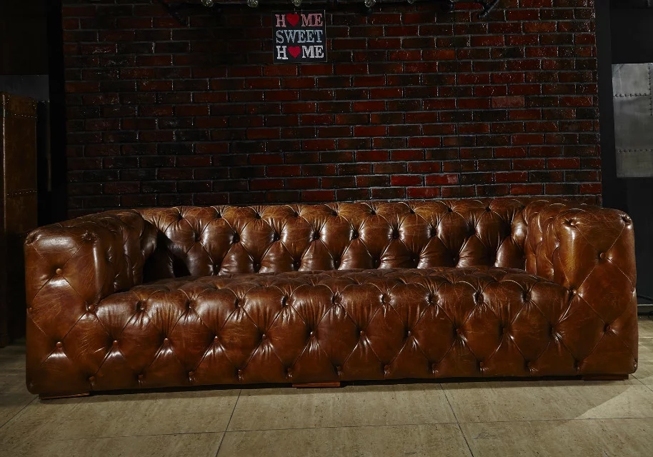 loft industrial retro couch vintage french antique living room furniture tufted leather sofa - Image 5