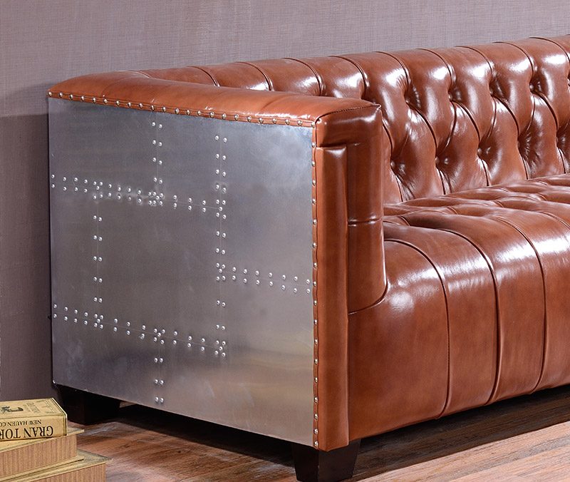 Vintage Aviation Tufted sofa Button Rustic wine red Leather Sofa With Right Arm Lounge Chaise - Image 2