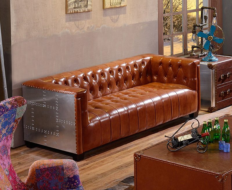 Vintage Aviation Tufted sofa Button Rustic wine red Leather Sofa With Right Arm Lounge Chaise