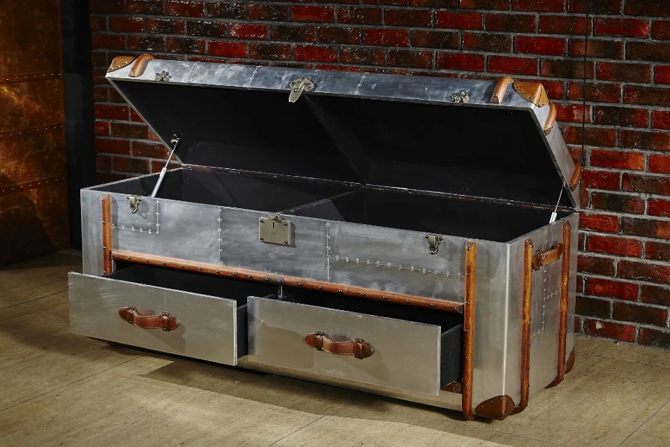 Vintage Metal Aviator Aluminium 2 Drawer Coffee Table - Image 3