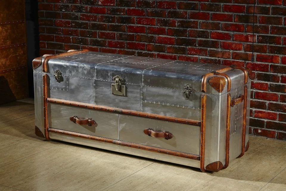 Vintage Metal Aviator Aluminium 2 Drawer Coffee Table