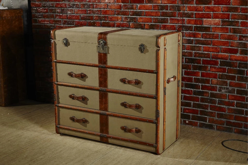 Vintage Tan Antique Vanvas 4 Drawer Storage Trunk