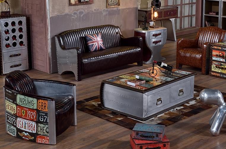 Wing Back Industrial Style Retro Vintage Living Room Lobby Sofa Set - Image 2