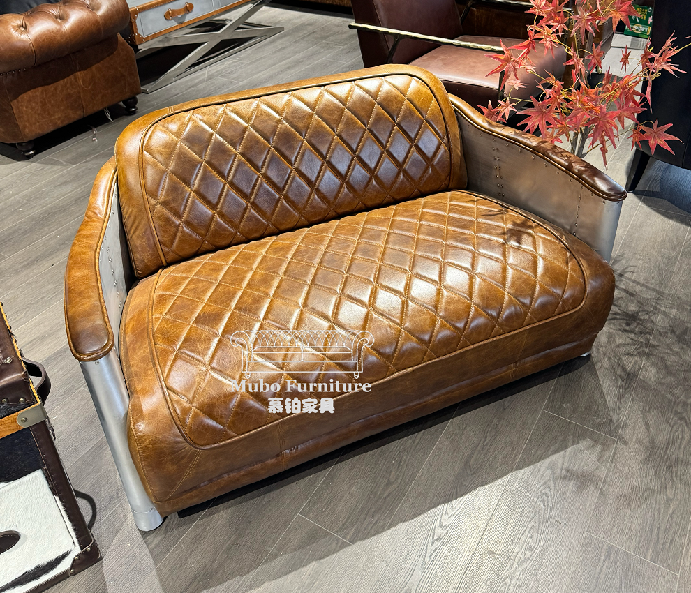 Vintage Retro Aviation Leather Loveseat