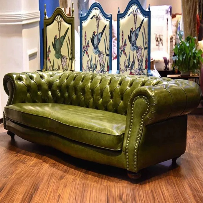 Best Living room Top grain Tufted Green leather Deep Button chesterfield sofa - Image 2